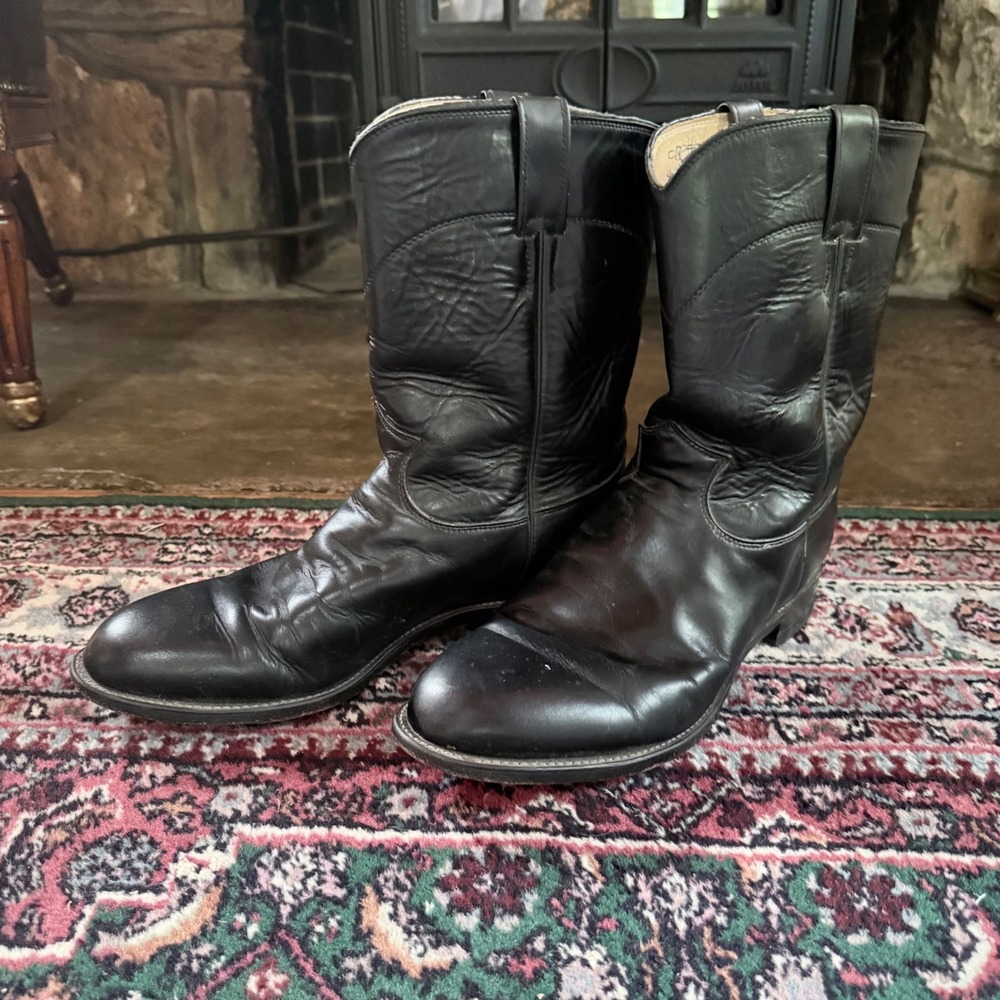 Justin Roper Boots Mens 10.5 EE Black Good Leather Round Toe Cowboy USA Made